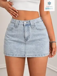 Vintage Blue Fitted Denim Mini Skirt for Girls, Casual Style, Regular Fit, Above Knee Length, Cotton Fabric, Light Wash, Washed Design, Non-Sheer Material