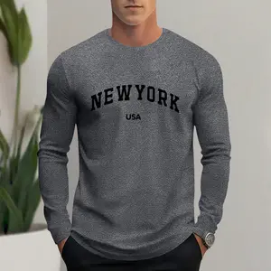 Men's fashionable casual long-sleeved T-shirt, regular fit, slightly stretchy polyester knit fabric sweatshirt top, men's clothing with letter pattern print, suitable for spring and autumn.
