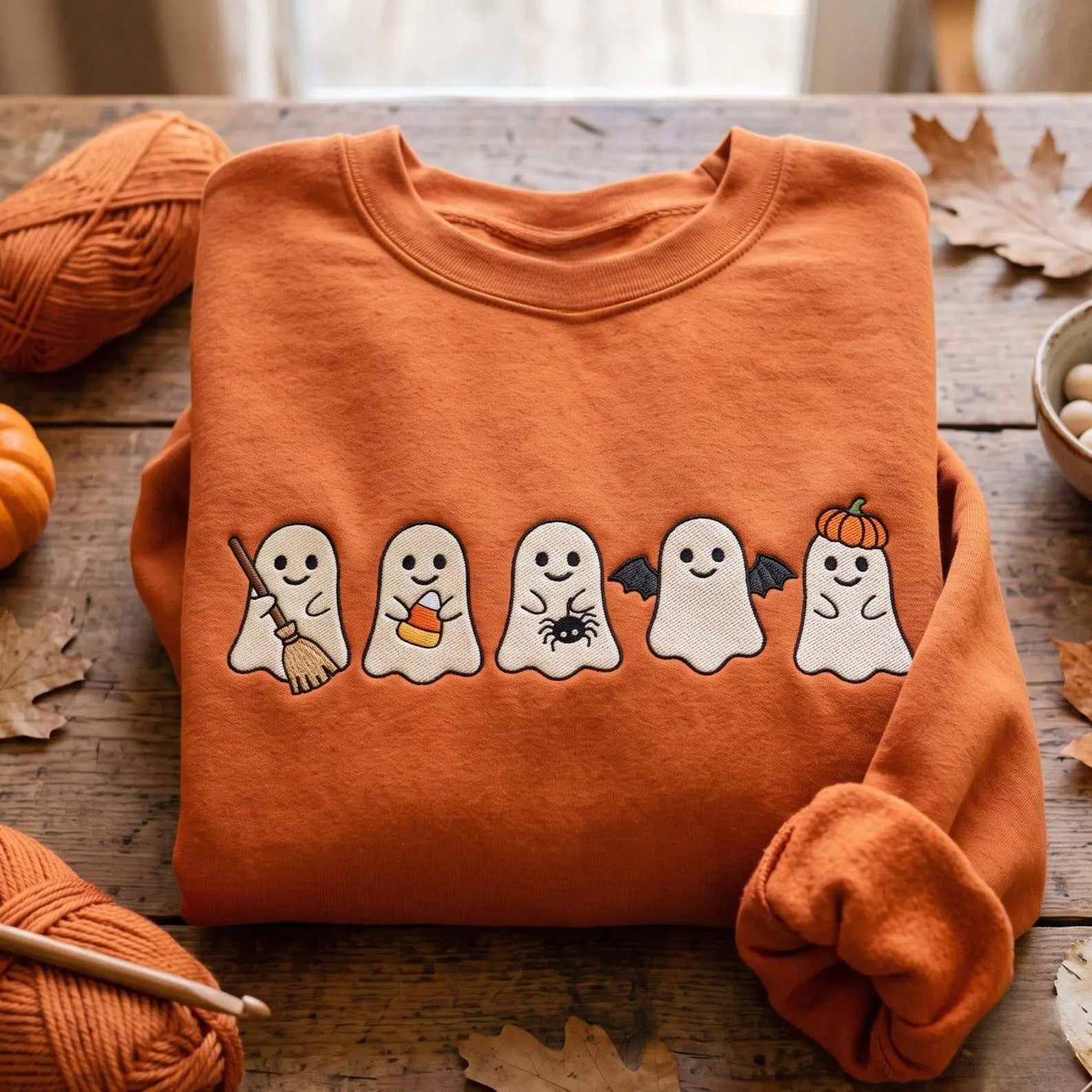 [Made in US] Embroidered Halloween Ghost Sweatshirt T Shirt Hoodie, Spooky Fall Crewnecks, Ghost Pumpkin Jumper, Autumn Sweater