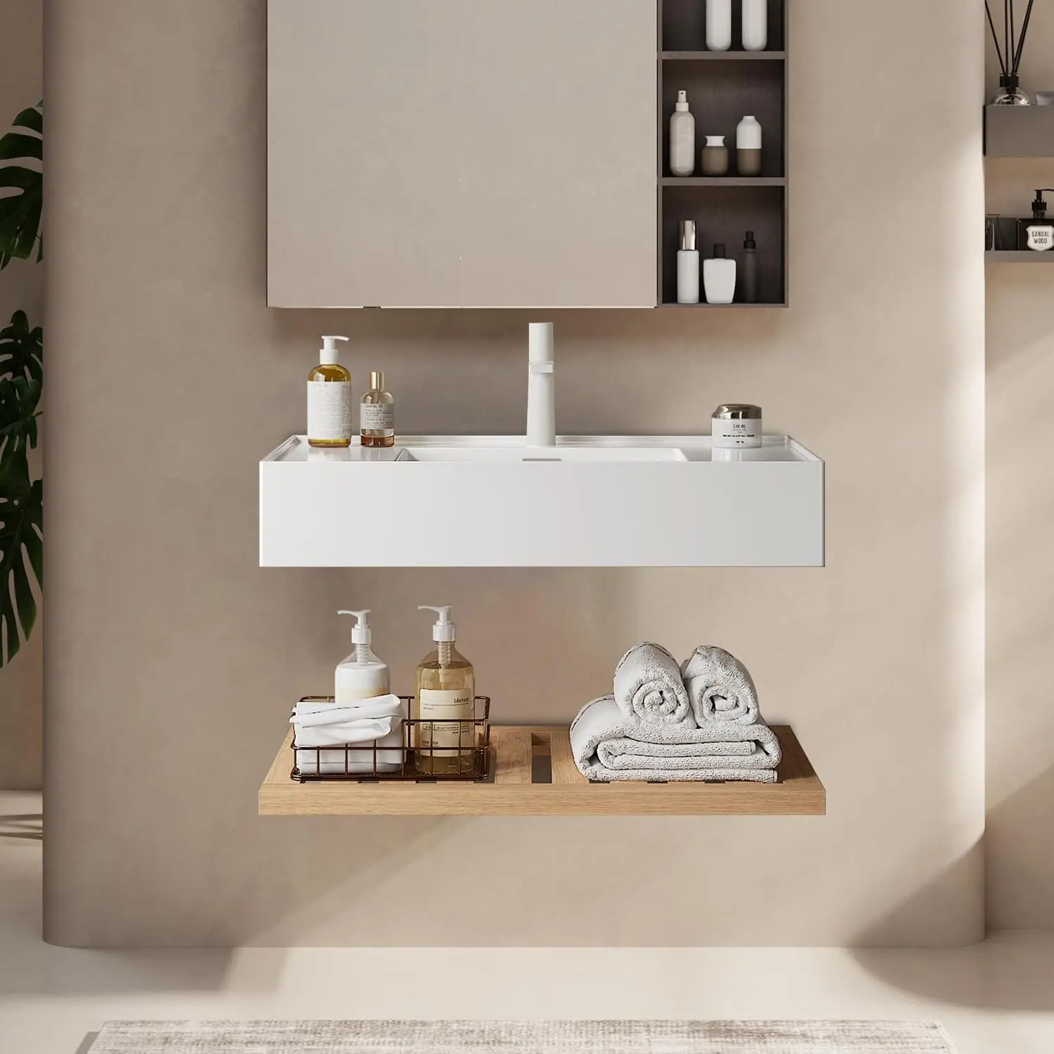 Unique Wall-Mounted 30" W Bathroom Acrylic Sink with Extra Wooden Shelf, Without Faucet