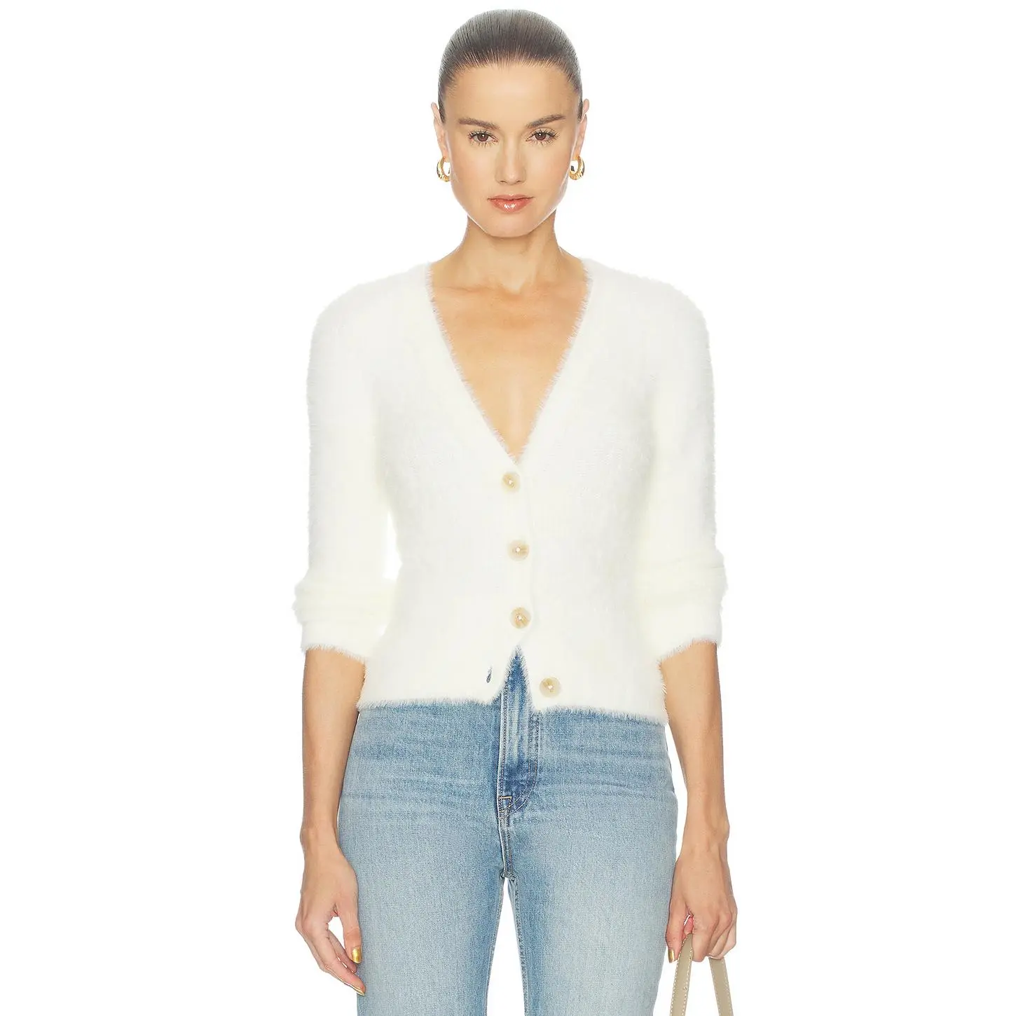 L'AGENCE Agathe Fuzzy Collared Cardigan in Ivory