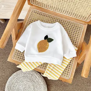2Pcs/Set Baby Lemon Patchwork Round Neck Sweatshirt + Yellow Striped Long Pants Infant Toddler Spring Autumn Outfit