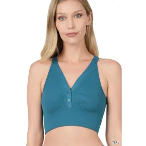 Ribbed Henley V Neck Brami Bralette Crop Tank Top by Zenana Sleeveless Spandex