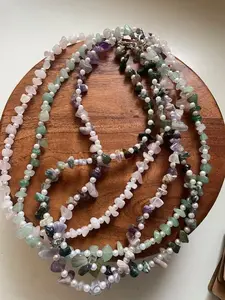 Crystal Chip Pearl Beaded Necklace - Rose Quartz, Moss Agate, Green Aventurine, Amethyst