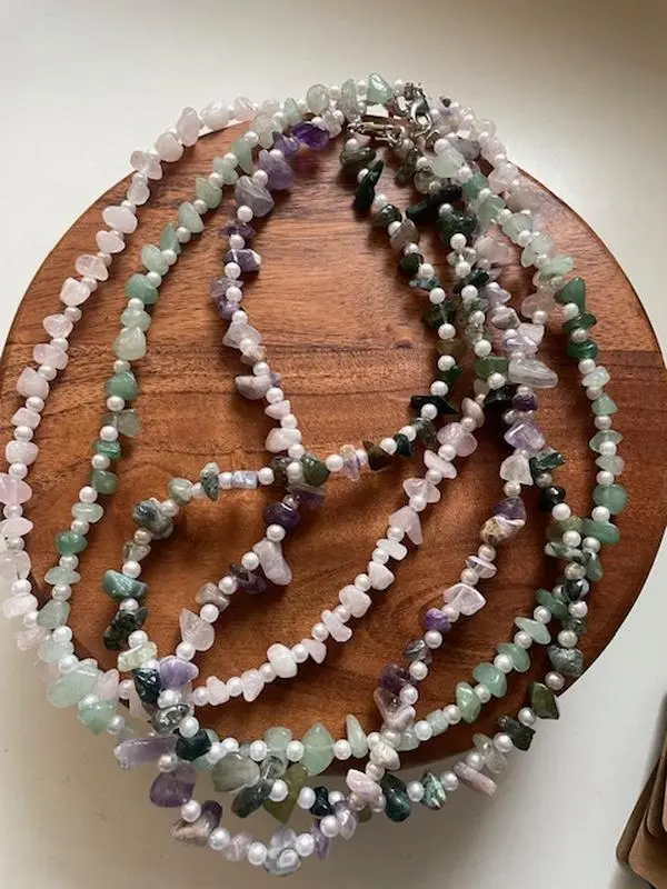 Crystal Chip Pearl Beaded Necklace - Rose Quartz, Moss Agate, Green Aventurine, Amethyst