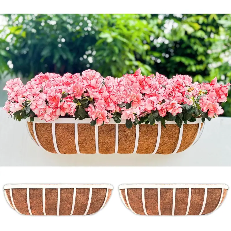 LaLaGreen Window Planter Box (24 Inch, 2 Pack) White Metal Deck Railing Flower Boxes with Coco Liners, Rectangular Wall Planters for Outdoor Plants Horse Troughs Fence Balcony Garden Herb Patio Porch