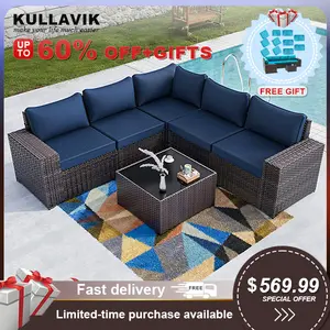 【3 Packages】Kullavik 6-Pcs Patio Set With Cushion, PE Rattan Sofa + Glass Table,  11 Free Cushion Covers