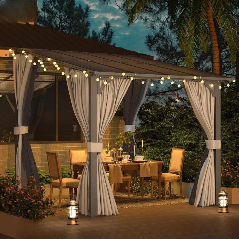 AECOJOY Gazebo for Patio, Small Wall-Mounted Lean to Pergola 8x8 Gazebo with Curtains and Netting, Hard Top Gazebo on Clearance for Lawn Backyard Garden Deck