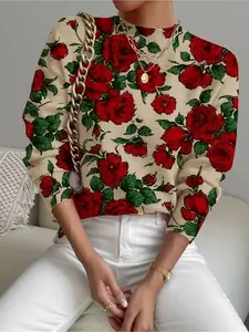 Women's Valentine's Day Rose Floral Print Stand Collar Sweater, Autumn Winter Casual Long Sleeve Knitwear, Comfortable Warm Daily Wear