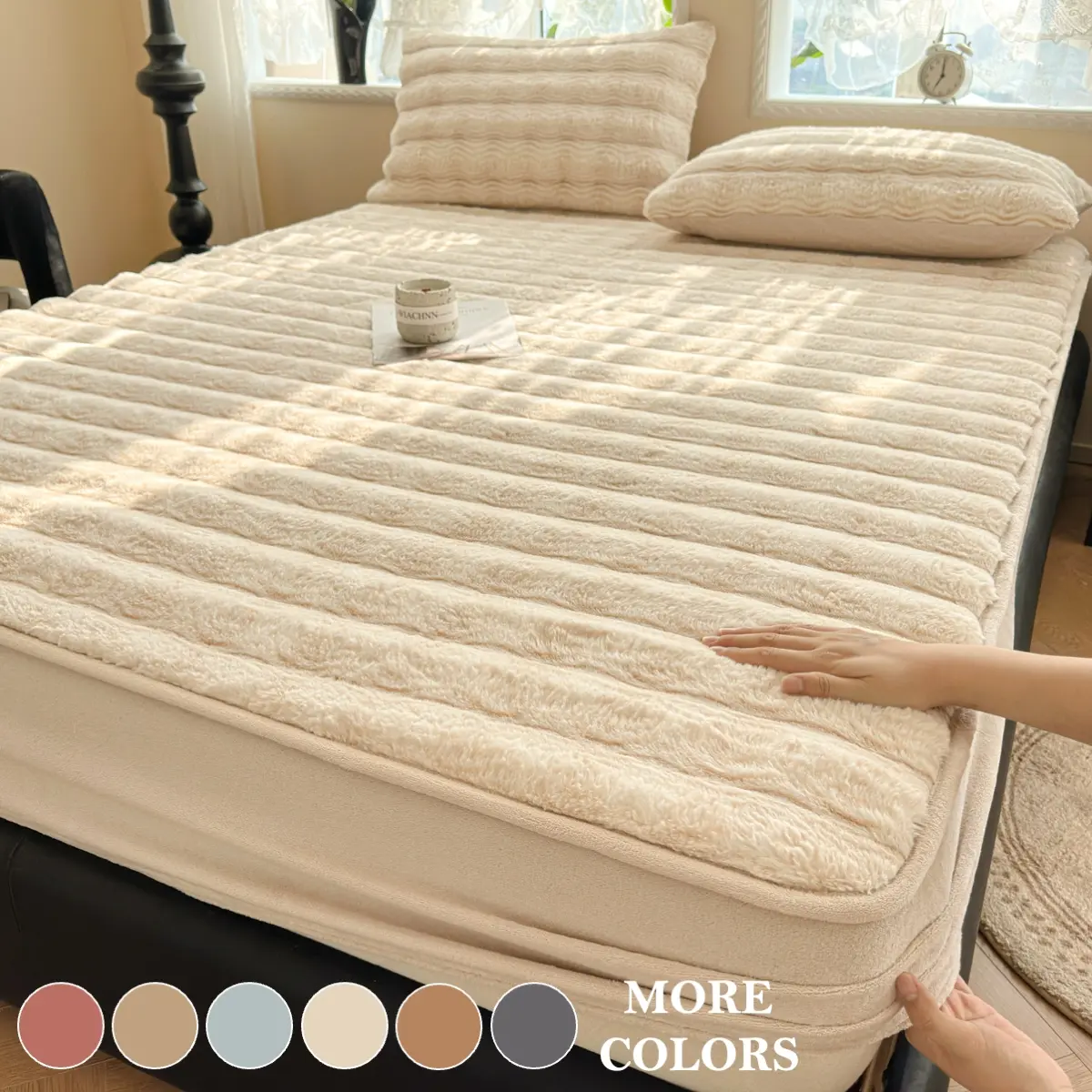 Luxury Faux Rabbit Fur Fitted Sheet Set, Soft Warm Solid Color Bedding, Soft Comfy Bedding, Premium 3-Piece Set (1 Fitted Sheet + 1/2 Pillowcases), Perfect For Every Season, Perfect for Bedroom, Dorm, Sofa Décor & Christmas Gift, Bed Sheets Set