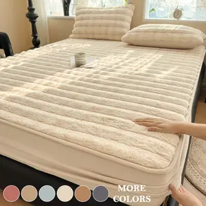 Luxury Faux Rabbit Fur Fitted Sheet Set, Soft Warm Solid Color Bedding, Premium 3-Piece Set (1 Fitted Sheet + 1/2 Pillowcases), Perfect For Every Season, Perfect for Bedroom, Dorm, Sofa Décor & Christmas Gift