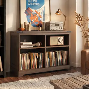 Farmhouse Large Record Player Stand, Vinyl Record Storage Cabinet, Wood Turntable Stand Holds up to 450 Albums, Record Holder Cabinet Dispaly Shelf for Living Room, Bedroom, Rustic Brown