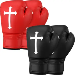 2 Pairs 12 oz Christian Boxing Gloves for Men & Women Cross Religious Boxing Gloves for Beginners & Kids Red Black Lightweight Shockproof Mitts for Training & Practice