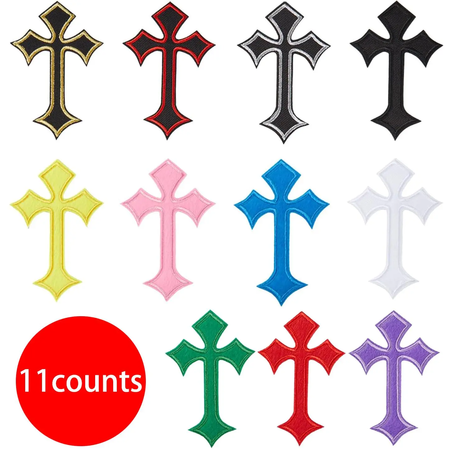 Cross Design Embroidery Patch, Polyester Fabric, 11pcs Creative Decoration Iron on Patch for for Clothes, Jeans, Hats, Shirts, Jackets and Backpacks, DIY Sew on Patch for Decor, Embroidered Patches
