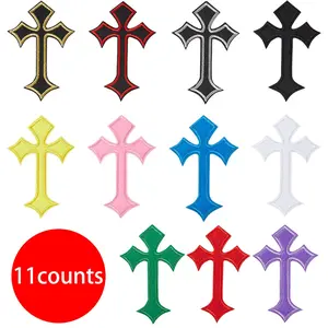 Cross Design Embroidery Patch, Polyester Fabric, 11pcs Creative Iron on Patch for for Clothes, Jeans, Hats, Shirts, Jackets and Backpacks, DIY Sew on Patch for Decor