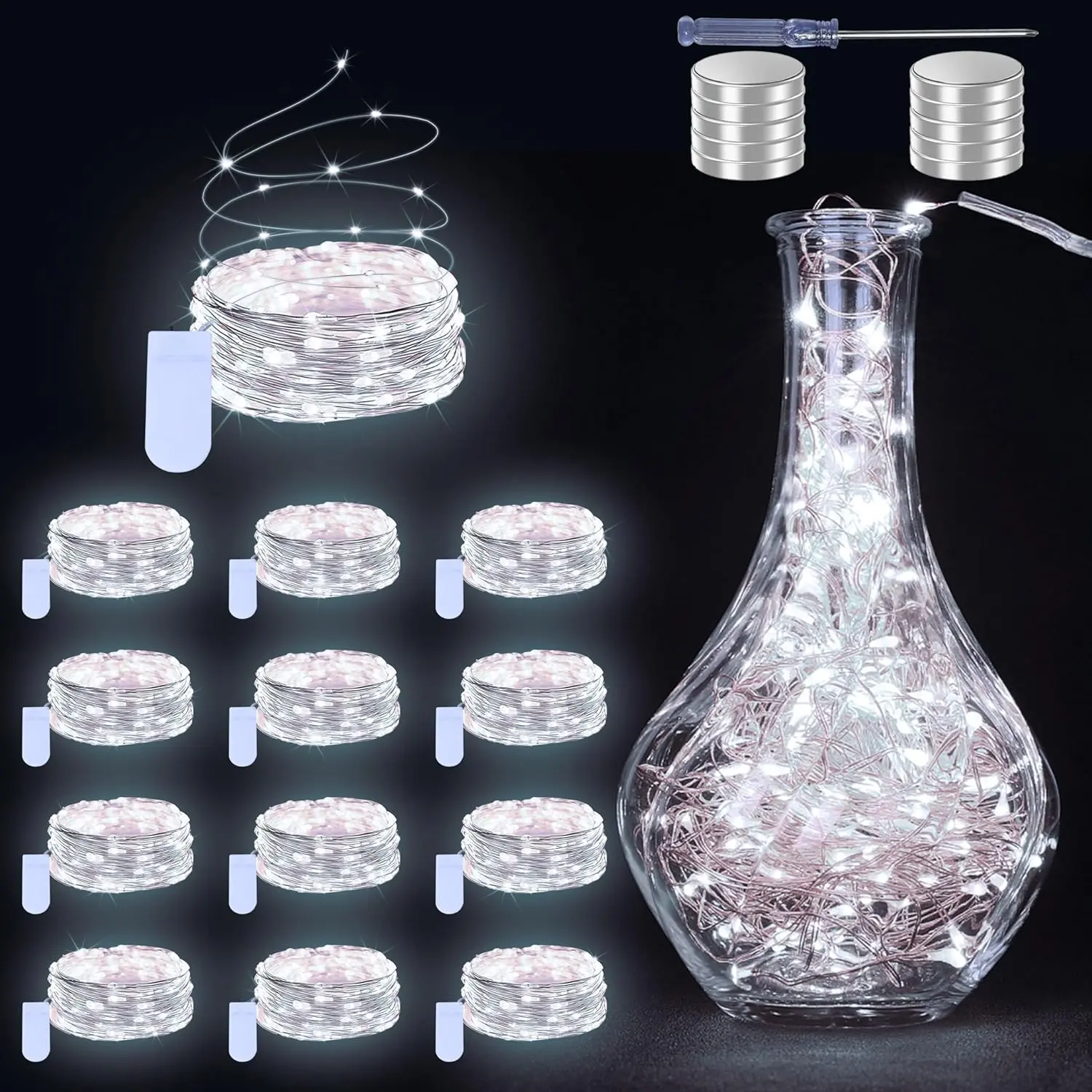 12 Pack Fairy Lights  Operated String Lights - 7ft 20 LED   Wire Firefly Lights for DIY Wedding Decor Table Centerpieces Craft Mason Jars Party Decor(White)