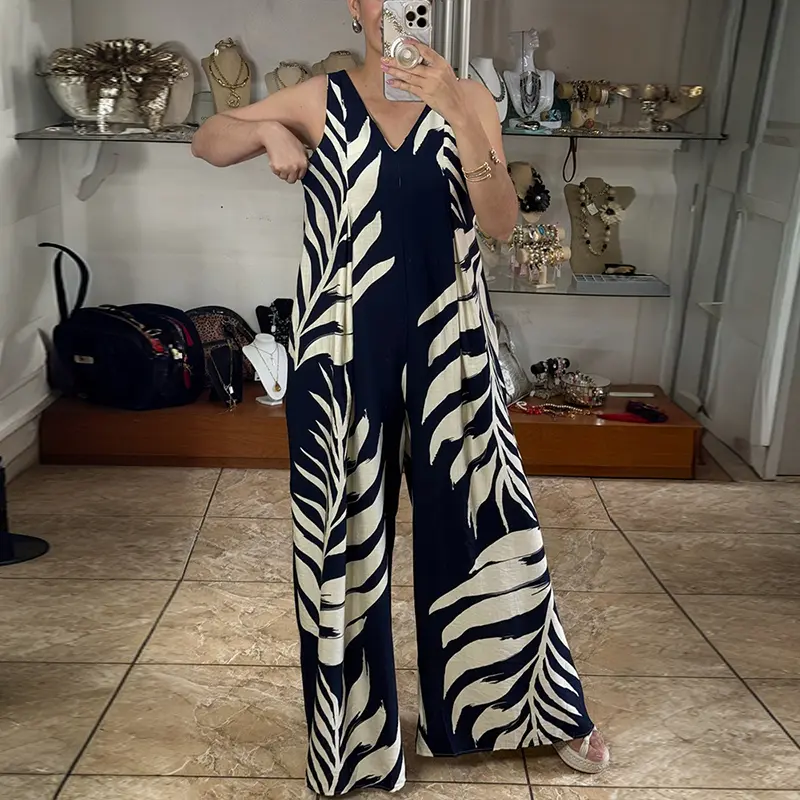 CHICME Women's Tropical Plants Print V-Neck Sleeveless Zipper Back Overalls Casual Ruched Wide Leg Loose Fit Jumpsuit