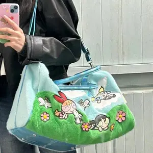 Kawaii Cartoon Anime The Powerpuff and Girls Series Handbag Cute Character Embroidery Large Capacity Shoulder Bag Gift