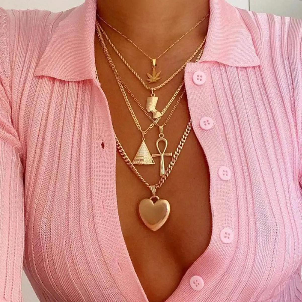 Women's 4-in-1 Fashionable Artificial Gemstone Necklace Set - Golden Maple Leaf, Pyramid Multi-Layer Clavicle Chain, Heart Design, Daily Wear & Beach Accessory Jewelry, Heart Necklace, Daily Wear Necklace