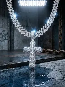 Iced Out Big Round Stone Cross Pendant Full Paved Diamond Miami Cuban Link Chain Hip Hop Men Bling Religious Jewelry Necklace summerwins