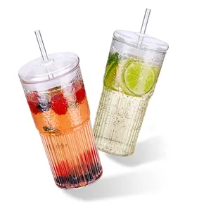 2pcs 20oz Glass iced coffee cup, glass cups with straws and LIDS, covered iced coffee cups, beverage glass cups, office, home and striped glass cups, glass coffee cups, iced coffee cups, beverage cups graduation gift