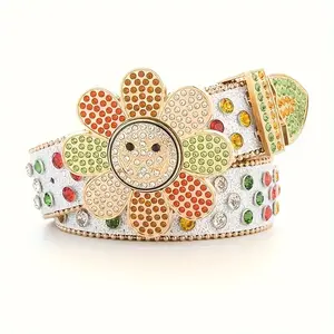 Faux Leather Belt with Rhinestone Sunflower Buckle Fashionable Twist Clasp Punk Hip-Hop Style Non-Washable Regular Fit for Beach Evening Dates Casual Outings Sports