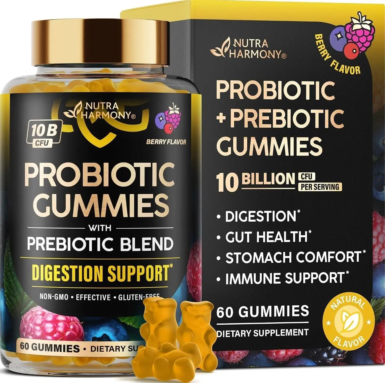 Probiotic Gummies 10B CFU with Prebiotic Fiber - Digestion & Immune Support - Debloat, Stomach & Gut Comfort - Probiotics for Women & Men - Natural Berry Flavor - Vegan & Sugar-free - 60 Gummies