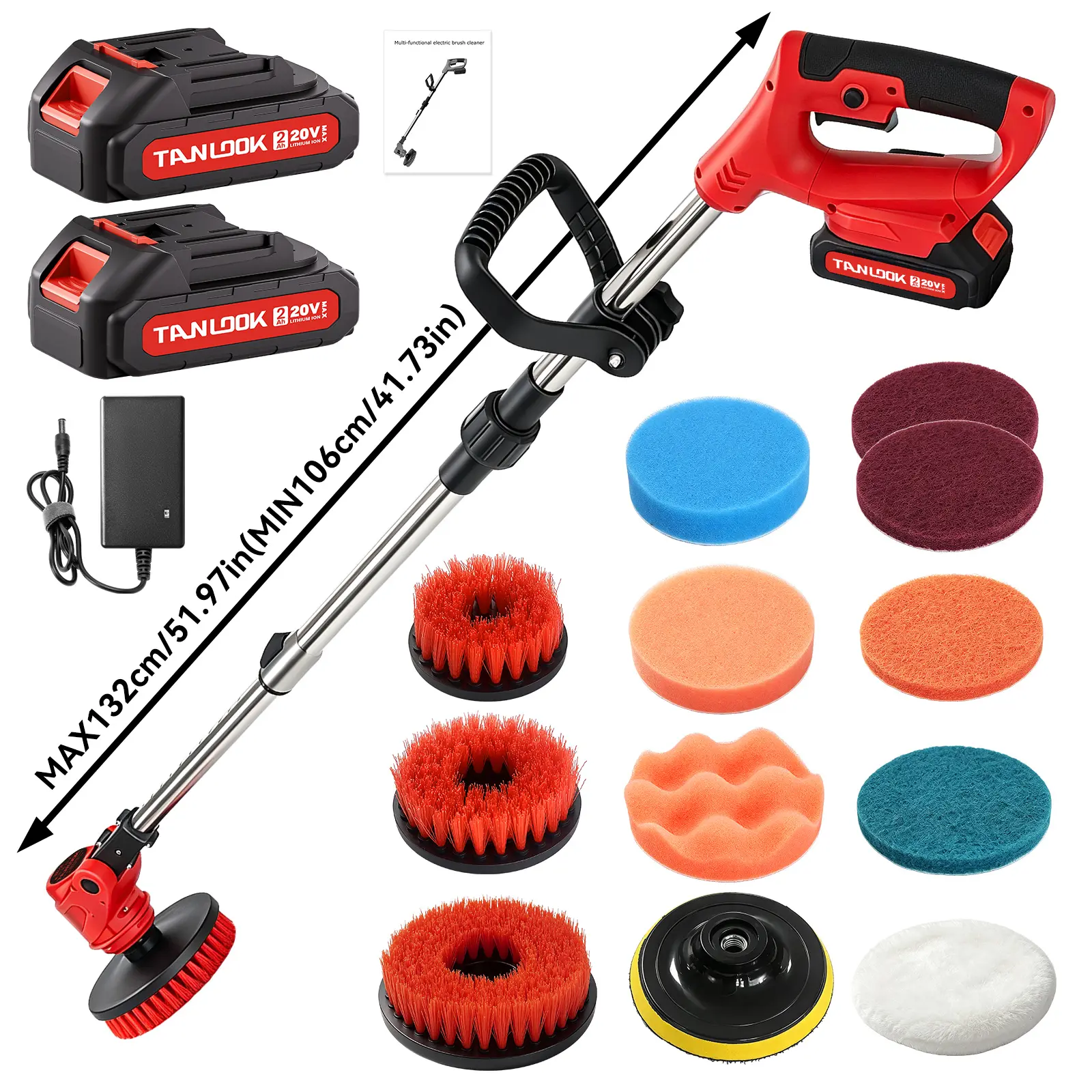 Tanlook Cordless Power Scrubber/Polisher, Rechargeable Electric Spin Cleaning Brush with Replaceable Brush Heads, Adjustable Extension Handle for Floor, Tile, Bathtub, Bathroom & Household Cleaning