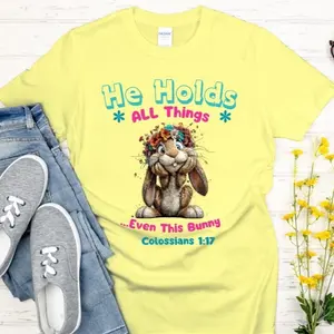 Gildan Unisex Style T-Shirt "He Holds All Things Even This Bunny" Colossians 1:17 Soft Material Faith Christian Apparel