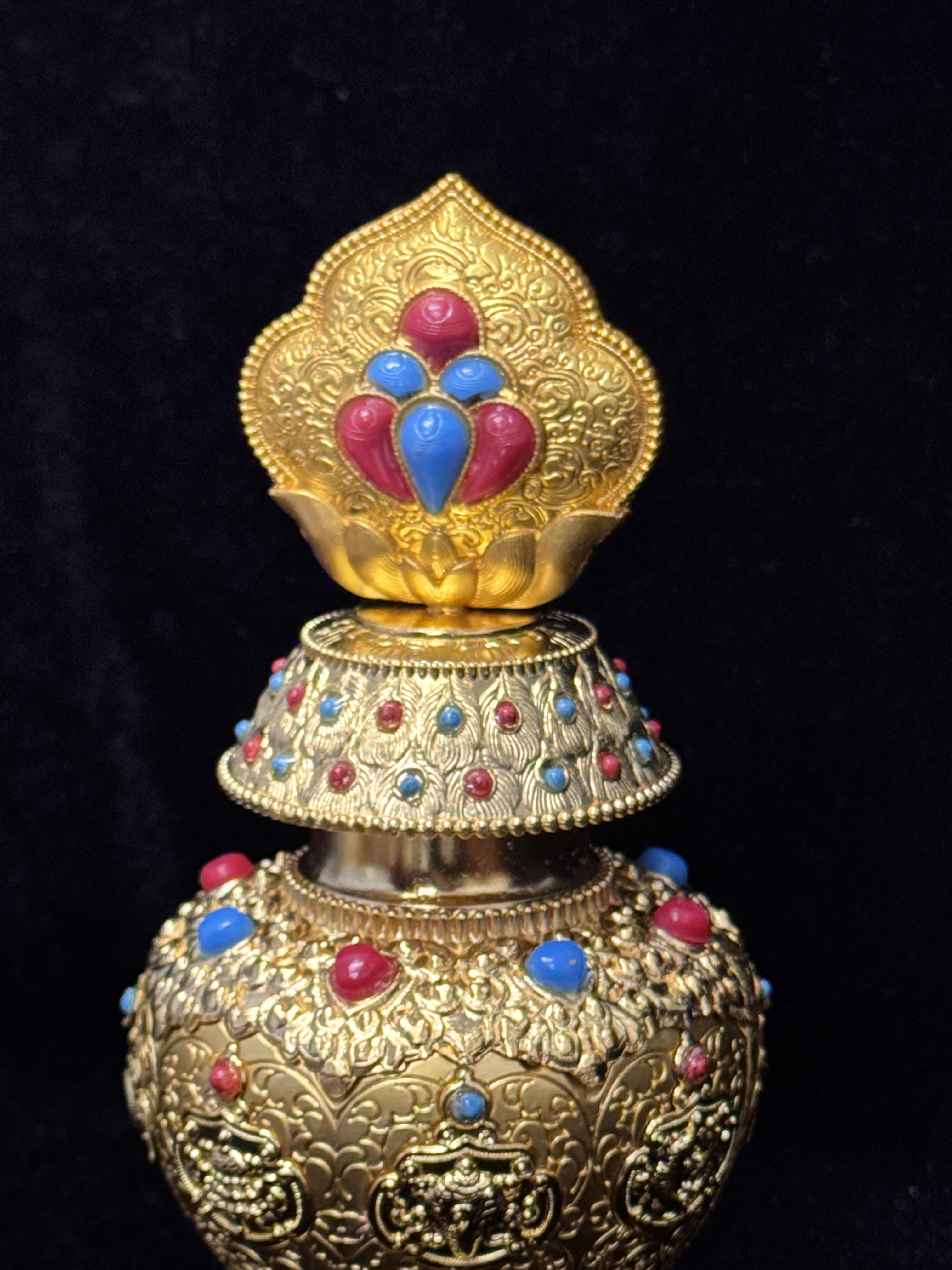 Handmade Tibetan Style Gold-Plated Treasure Vase, Ornate Inlaid Gemstone Buddhist Vase, Lucky Prosperity Home Decor