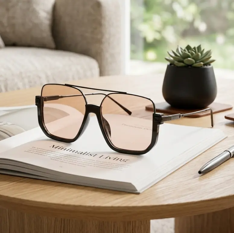 Women's Vintage Square Aviator Sunglasses - Thin Metal Temple, Soft Pink Tint Lens, Trendy Casual Eyewear