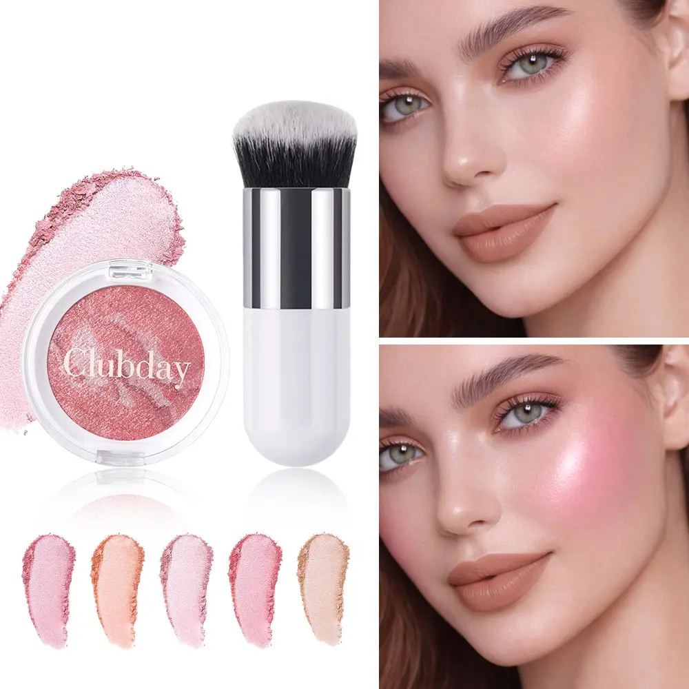 Shiny Natural Blush Powder with Brush, Marble Pattern, Silky Smooth, Long Lasting, Waterproof, High Pigment, Flawless Cheek Contour, Daily Makeup Essential, Beauty Cosmetics