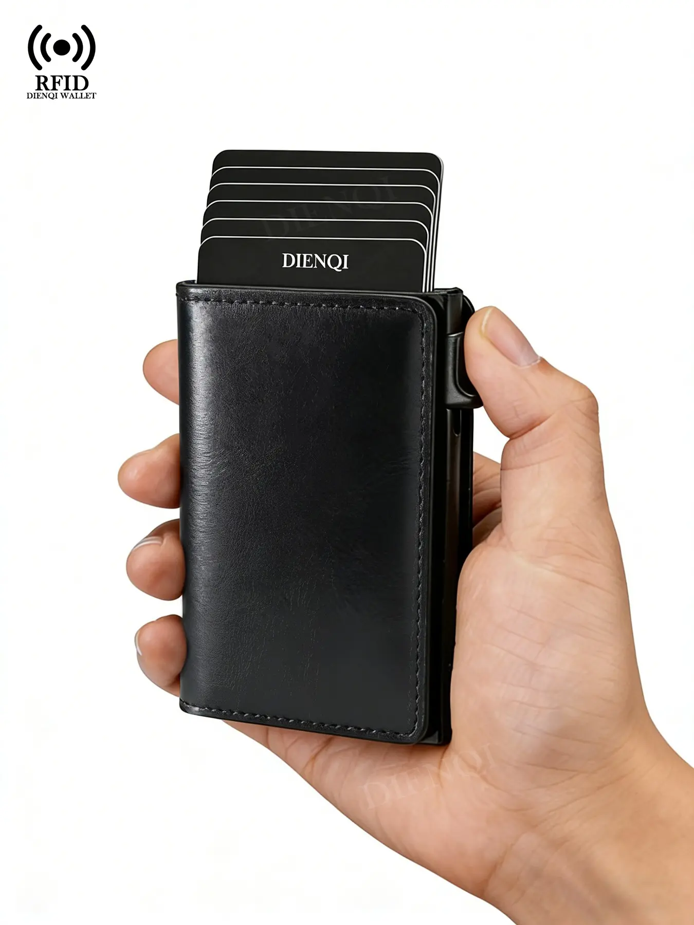 RFID Blocking Card Wallets Pop Up Credit Card Holder Minimalist Wallet Metal Case Slim Thin Business Bank Cardholder for Men, Trifold, Smart Wallet, Black, Carbon Fiber, PU Leather