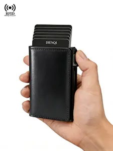 RFID Blocking Card Wallets Pop Up Credit Card Holder Minimalist Wallet Metal Case Slim Thin Business Bank Cardholder for Men, Trifold, Smart Wallet, Black, Carbon Fiber, PU Leather