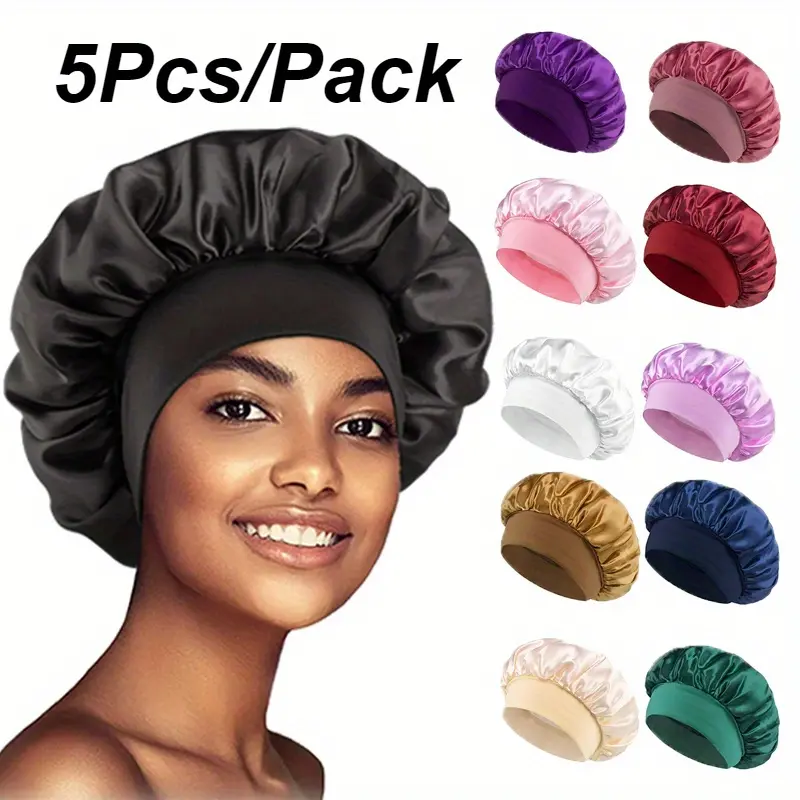 Women's EVA Satin Solid Wide-Brimmed Shower Caps, 5Pcs/Pack Elastic Band Hair Care Cap for Night Sleeping & Bathing, Satin Shower Caps