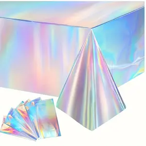 6 Pack Rainbow Plastic Tablecloth Disposable Laser Tablecloth Holographic Aluminum Foil Rectangular Tablecloth Birthday Disco Bachelorette Wedding Rainbow Party Decoration Valentine's Day Decoration
