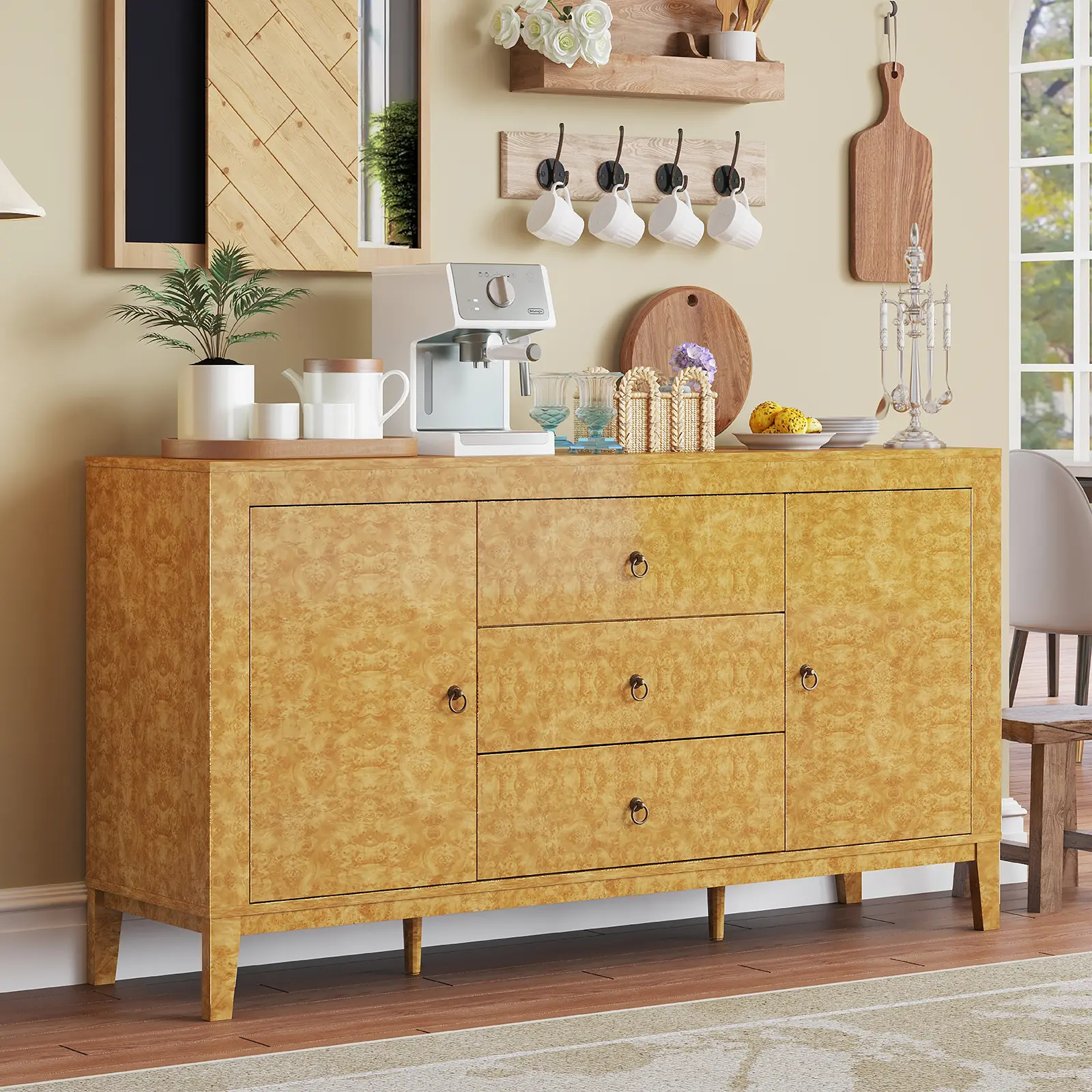 [Summerwins] [SummerFinds] AMERLIFE High Gloss Burl Buffet Sideboard Cabinet, 60" Large Wood Sideboard Storage Cabinet with Drawer, Retro Handle, Coffee Wine Bar Buffet/Best Gift Ideas/Christmas Gifts