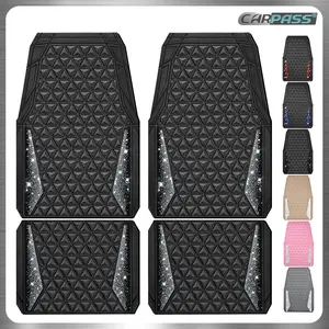 CAR PASS Bling Diamond Rhombus Rubber Leather Car Floor Mats, All-Weather for Car Full Set Durable Anti-Slip, Waterproof Trim Universal Fit,Sedan,SUV,Truck Vehicle Automotive