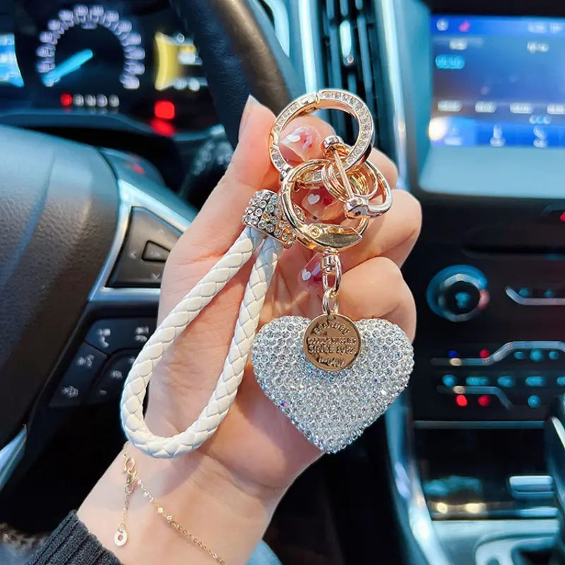 Pink Bling Heart Car Keychain - Colored Rhinestones, Embellished Clay Pendant, Braided Strap, Shiny Ring - Women’s Car Interior Decoration, Bag Charm Gift, Colored Rhinestones Keychains, Rhinestone Embellished Keychains