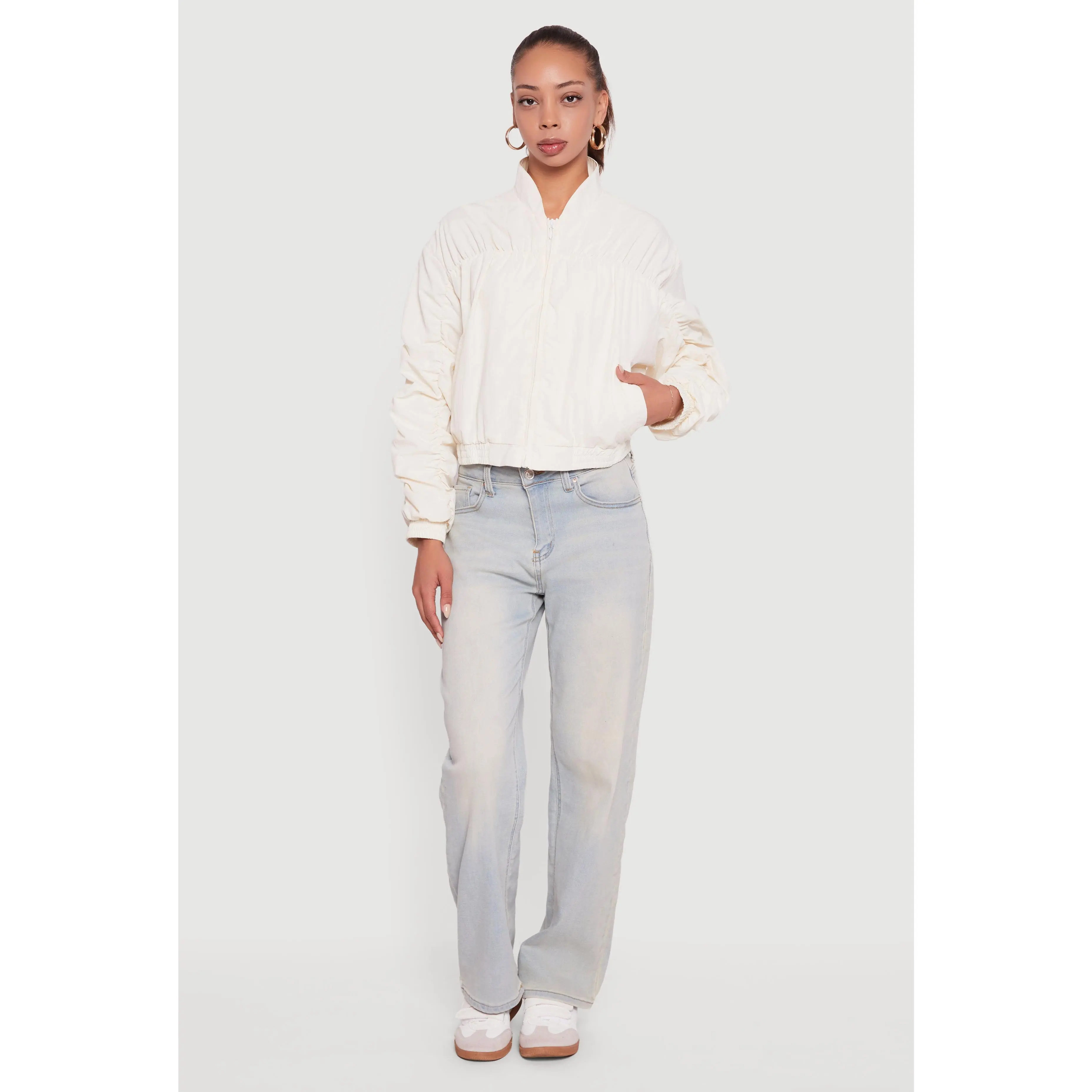 Ruched Long Sleeve Zip Front Windbreaker Jacket