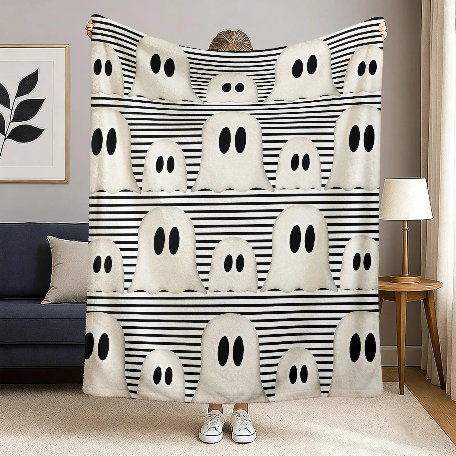 Halloween Ghost Pattern Flannel Blanket - Soft Warm Polyester Fiber Blanket, Digitally Printed Modern Style Bedding, Suitable for Nap, Camping, Year-Round Decorative Use Spooky Throw Cozy Cartoon