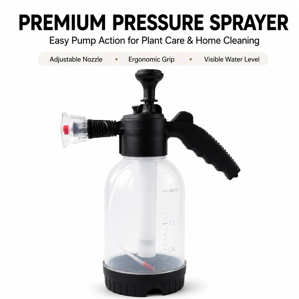 1L Handheld Stainless Steel Pressure Sprayer, Adjustable Nozzle Watering Equipment with Visible Water Level Pump, Fine Mist Watering Equipment for Outdoor Plant Care, Household Window Cleaning