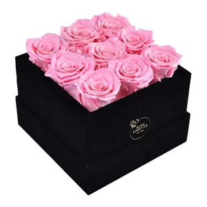 9 Pink Roses - Black Square Velvet Box
