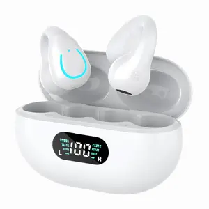 Ultra Comfort Clip On Wireless Headset Bone Conduction Headphones Bluetooth V5.3 Built-in Microphone with Digital Charging Case 50-60h Play Time Open Earphone for Running & Fitness & Sports (White)