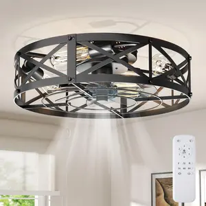Farmhouse Flush Mount Caged Ceiling Fans with Lights, Fandelier Rustic Low Profile Ceiling Fan with Light and Remote, Small Bladeless Ceiling Fans with Lights for Kitchen, Bedroom