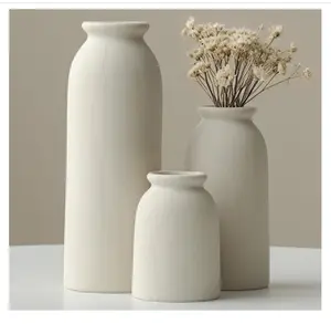 Ceramic Vase Set-3, Small Flower Vases for Decor, Modern Boho Farmhouse Style, Decorative Vases for Pampas Grass & Dried Flowers, Distressed Finish (Beige)