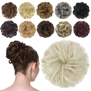 Messy Hair Bun Hair Pieces Elastic Wavy Curly Hair Bun Scrunchies Extensions Synthetic Chignon Hairpieces for Women Girls, Ash Platinum Blonde 1 PCS