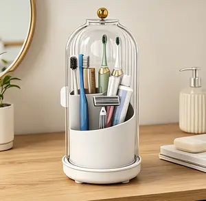 Bathroom Counter Toothbrush Organizer 3 Slot Rotating Drainage with Cover Removable Water Tray 180° Sliding Door Durable Plastic Universal Size Design