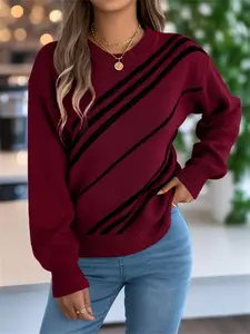 Women's Colorblock Drop Shoulder Fitted Sweater, Casual Long Sleeve Round Neck Jumper for Fall & Winter, Fashion Ladies' Knitwear for Daily Wear