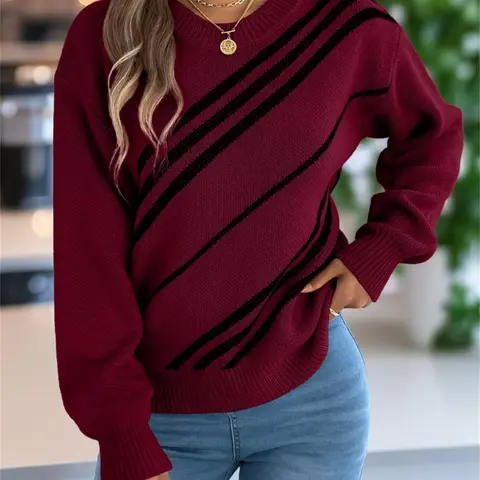 Women's Colorblock Stripe Drop Shoulder Fitted Sweater Tops, Casual Long Sleeve Round Neck Jumper for Fall & Winter, Fashion Ladies' Knitwear for Daily Wear, Knitting Womenswear Fabric